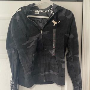 Womens Victoria secret pink gray camo sequin hooded zip sweatshirt